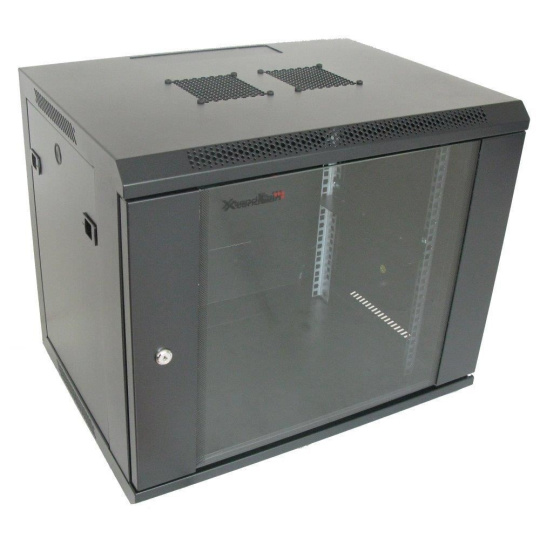 XtendLan 19" nástěnný rozvaděč 9U 600x450, nosnost 60 kg, skleněné dveře, svařovaný, černý