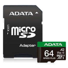 ADATA MicroSDXC karta 64GB Speed Plus, U3, C10, A2, V30 (R:160/W:140 MB/s) + SD adaptér